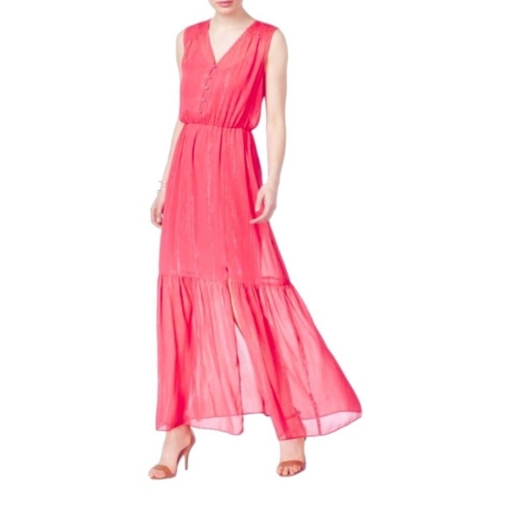 ECI Deep Coral Sheer Sleeveless Shimmer
Maxi Dress Sz S